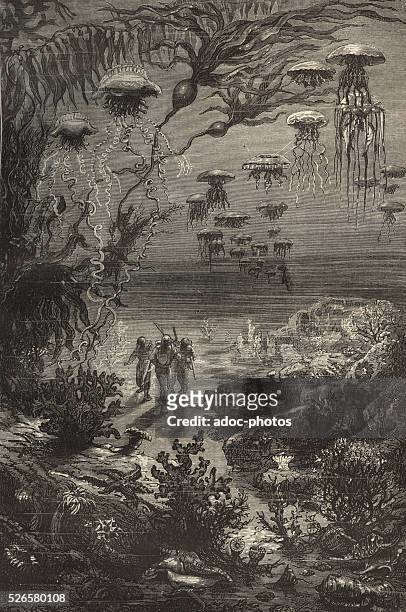 Engraving depicting the underwater landscape of the island Crespo, illustrating a scene from the novel 'Twenty Thousand Leagues Under the Sea' by...