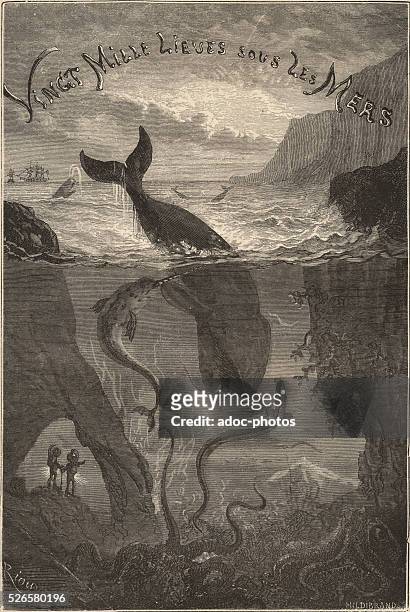 Illustration for the novel "Twenty Thousand Leagues Under the Sea" by Jules Verne. Page of the first edition Hetzel. Engraving.