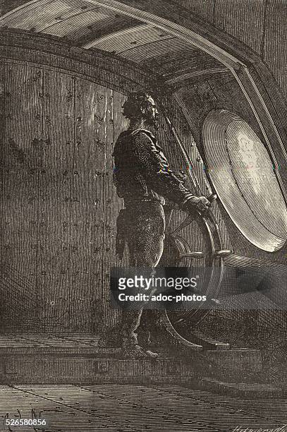 Illustration for the novel "Twenty Thousand Leagues Under the Sea" by Jules Verne. Captain Nemo at the helm of the Nautilus. Engraving.