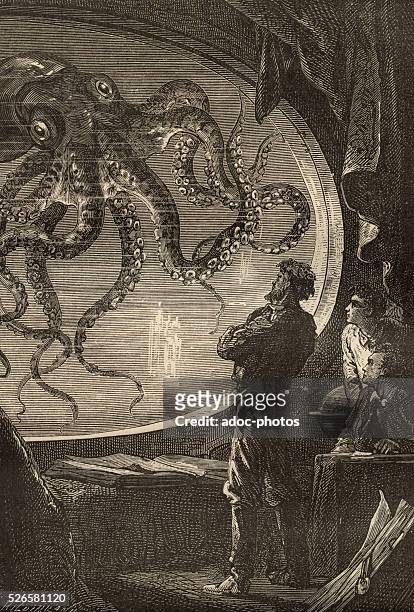 Illustration for the novel "Twenty Thousand Leagues Under the Sea" by Jules Verne. A giant octopus. Engraving.