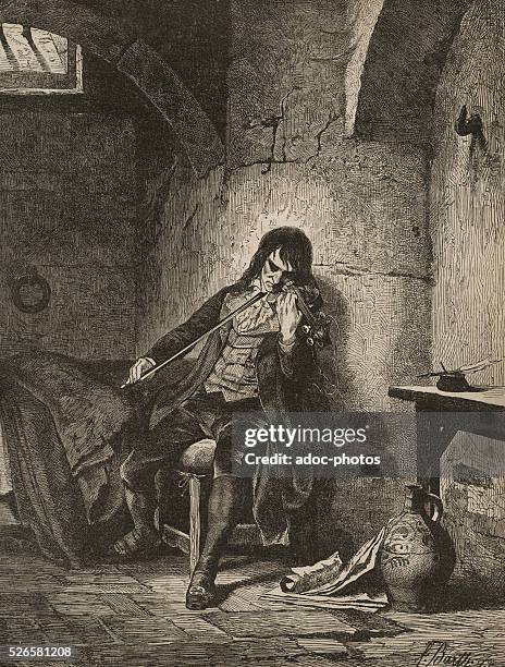 Supposed stay in prison of the violinist and composer Nicolo Paganini , between 1801 and 1805 . Engraving of the 19th century.