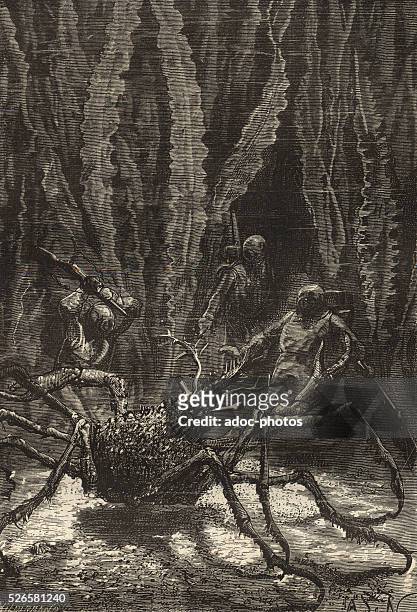 Engraving depicting a giant sea spider, illustrating a scene from the novel 'Twenty Thousand Leagues Under the Sea' by Jules Verne, published in 1870.