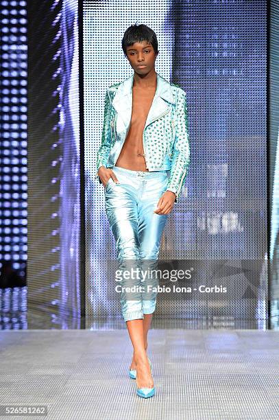 Model walks the runway at the Philipp Plein Event - Milan Fashion Week Womenswear Spring/Summer 2014 at Piazza Vetra on September 21, 2013 in Milan,...