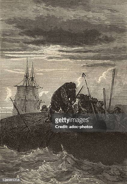 Engraving depicting whaling in Greenland, illustrating a scene from the novel 'Twenty Thousand Leagues Under the Sea' by Jules Verne, published in...
