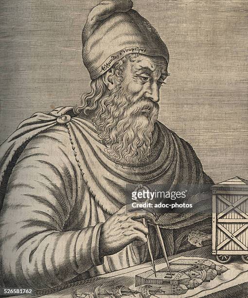 Engraving depicting Greek mathematician, physicist, engineer, inventor, and astronomer Archimedes of Syracuse , circa 220 BC.