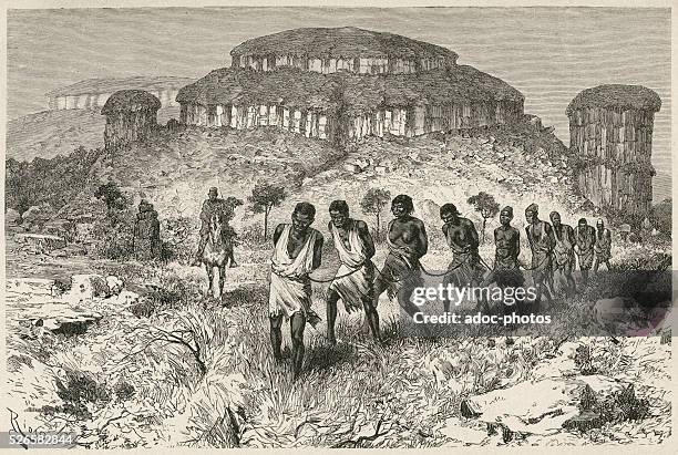 Engraving depicting slaves captured during a raid in Central Africa, circa 1850.