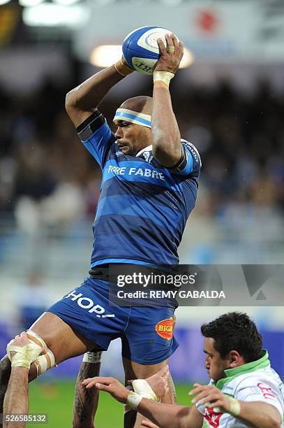 Castres's Alexandre Bias grabs the ball in a line out during the French Top 14 Rugby Union match Castres vs Pau at the Pierre Antoine Stadium in...