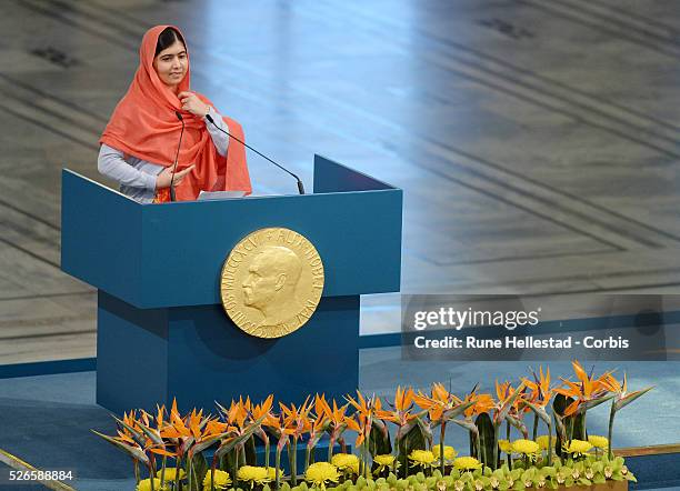 Malala Yousafzai attends the Nobel Peace Prize ceremony at the City Hall in Oslo.