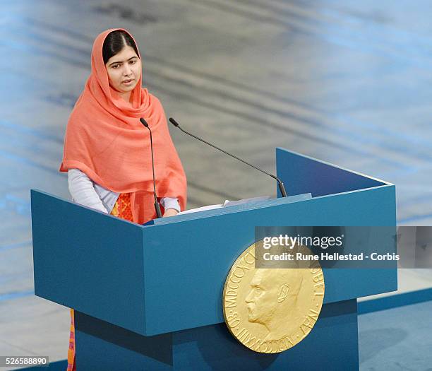 Malala Yousafzai attends the Nobel Peace Prize ceremony at the City Hall in Oslo.