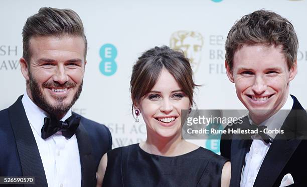 David Beckham, Felicity Jones and Eddie Redmayne attend the Winner's Room at the EE British Academy Film Awards at the Royal Opera House.