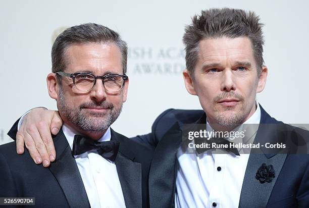 Steve Carell and Ethan Hawke attend the Winner's Room at the EE British Academy Film Awards at the Royal Opera House.