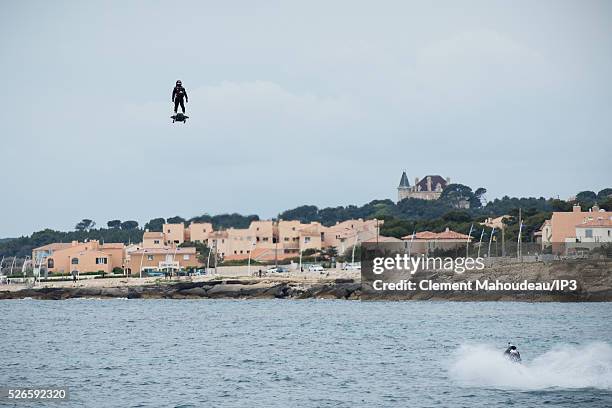 The inventor of a flying machine, Fly Board Air, Franky Zapata uses his creation on April 30, 2016 in Marseille, France. The Flyboard Air, with its...