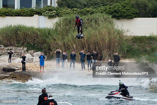 The inventor of a flying machine, Fly Board Air, Franky Zapata uses his creation on April 30, 2016 in Marseille, France. The Flyboard Air, with its...