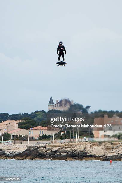 The inventor of a flying machine, Fly Board Air, Franky Zapata uses his creation on April 30, 2016 in Marseille, France. The Flyboard Air, with its...