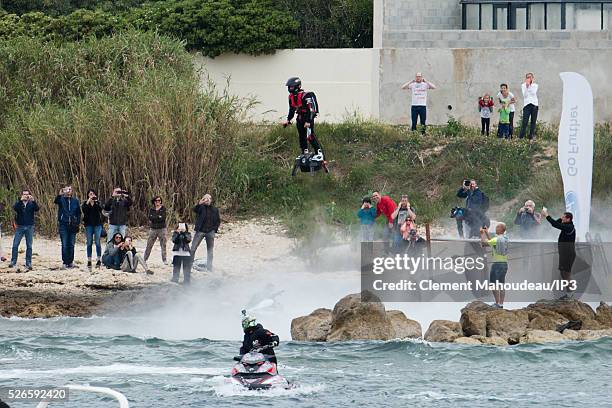 The inventor of a flying machine, Fly Board Air, Franky Zapata uses his creation on April 30, 2016 in Marseille, France. The Flyboard Air, with its...