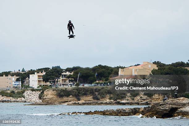 The inventor of a flying machine, Fly Board Air, Franky Zapata uses his creation on April 30, 2016 in Marseille, France. The Flyboard Air, with its...