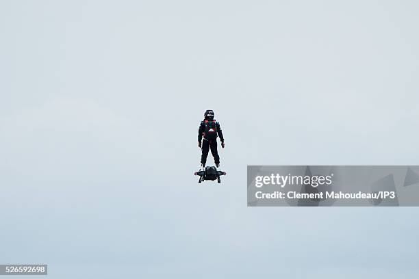 The inventor of a flying machine, Fly Board Air, Franky Zapata uses his creation on April 30, 2016 in Marseille, France. The Flyboard Air, with its...