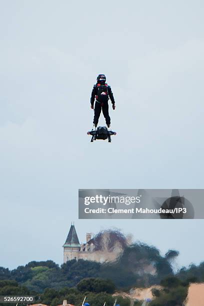 The inventor of a flying machine, Fly Board Air, Franky Zapata uses his creation on April 30, 2016 in Marseille, France. The Flyboard Air, with its...