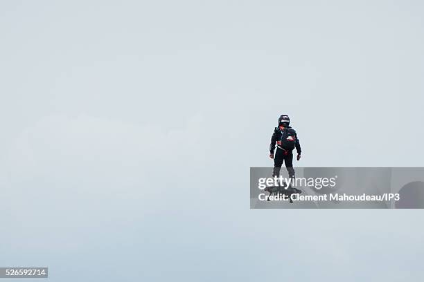 The inventor of a flying machine, Fly Board Air, Franky Zapata uses his creation on April 30, 2016 in Marseille, France. The Flyboard Air, with its...