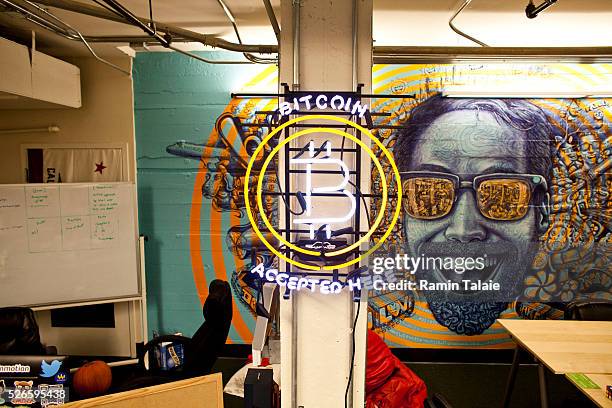 Neon Bitcoin logo is displayed at Boost VC bootcamp in San Mateo, CA on Tuesday, October 28, 2014. Boost is a venture capital investment company that...
