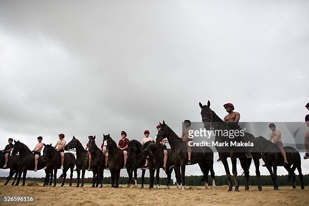 Members of the Household Cavalry, the Queen of England's mounted horsemen, line up in formation before swimming with their horses in the Holkham...
