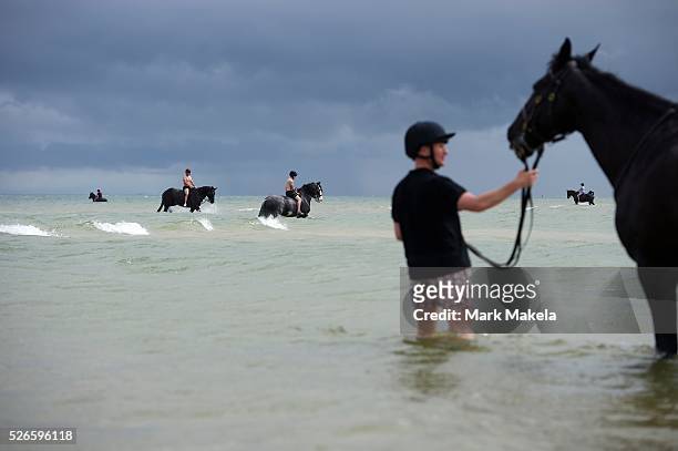 Members of the Household Cavalry, the Queen of England's mounted horsemen, swim with their horses in the Holkham Beach sea in Wells-next-the-Sea,...