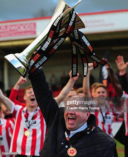 Gary Johnson, Manager of Cheltenham Town celebrates after being crowned champions during the Vanarama Football Conference match between Cheltenham...