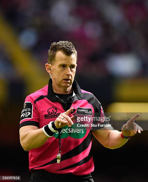 Referee Nigel Owens reacts during the Guinness Pro 12 match between Cardiff Blues and Ospreys at Principality Stadium on April 30, 2016 in Cardiff,...