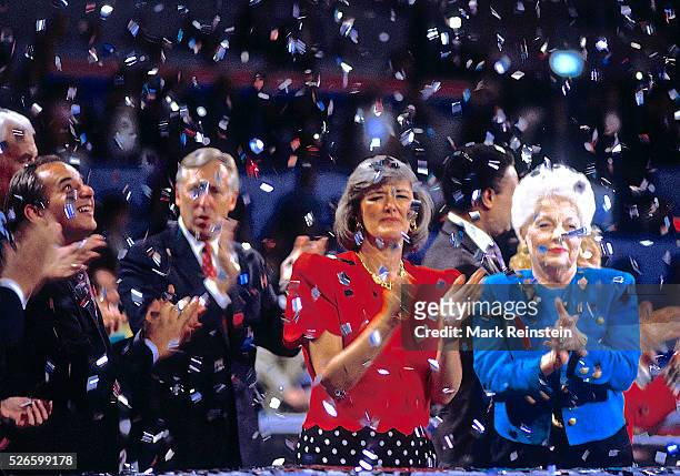 New York, NY. 7- 1992 Congressman Steny Hoyer Congresswoman Patricia Schroeder and Governor Ann Richards applaud as confetti falls at the Democtatic...