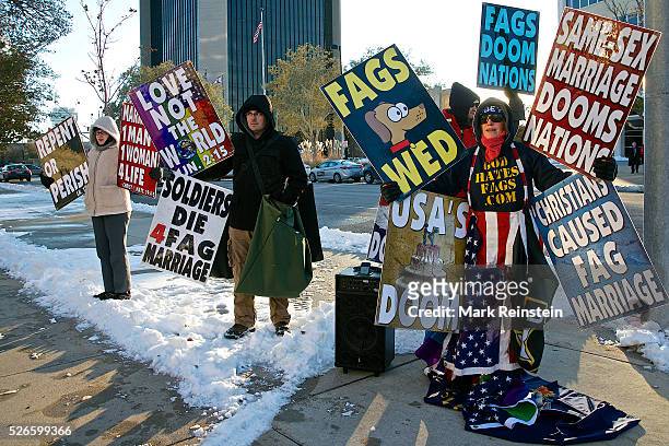 Wichita, Kansas 11-17--2014 Members of the Westboro Baptist Church protest outside the Sedgwich County Courthouse today prior to the weddings of...