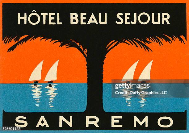 Like a mini vintage travel poster used to advertise a hotel and identify luggage or steamer trunks destined for San Remo on the Italian Riviera