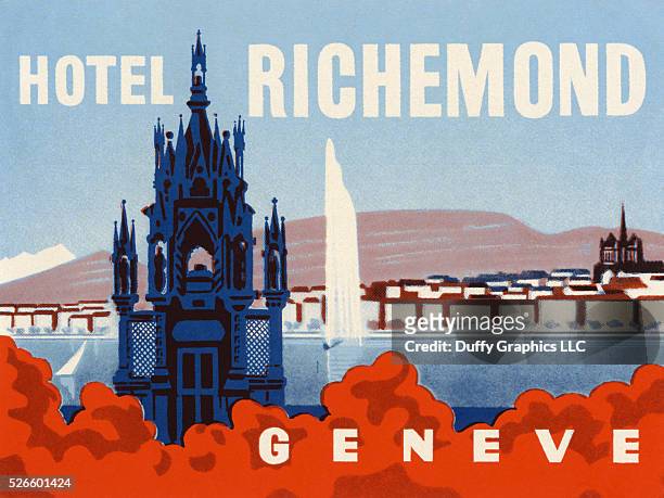 From around 1950, this item is like a small poster used to advertise a hotel and identify luggage. -showing Lake Geneva and the Brunswick Monument.