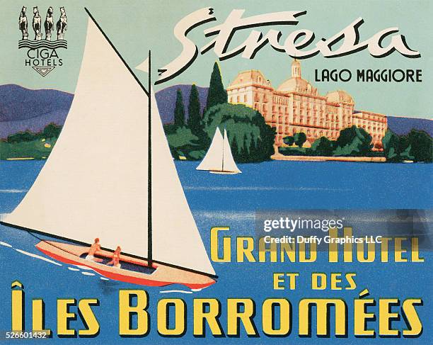 From around 1949, this item is like a small poster used to advertise a hotel and identify luggage. -showing Lake Maggiore and the famous old hotel,...