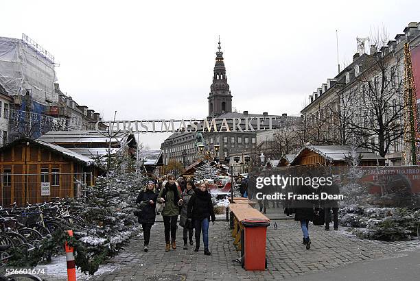 Copenhagen /Denmark- 21 November 2013 _Christmas tree decoration with artificial snow and real crystal ornaments at Christmas market at hojbro plads