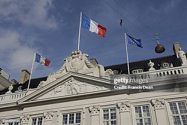 French and european union fly over french emabssy at danish captilal Copenhagen Kongens nytorv 8 Marchi 2014