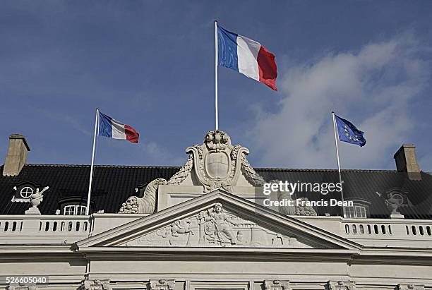 French and european union fly over french emabssy at danish captilal Copenhagen Kongens nytorv 8 Marchi 2014