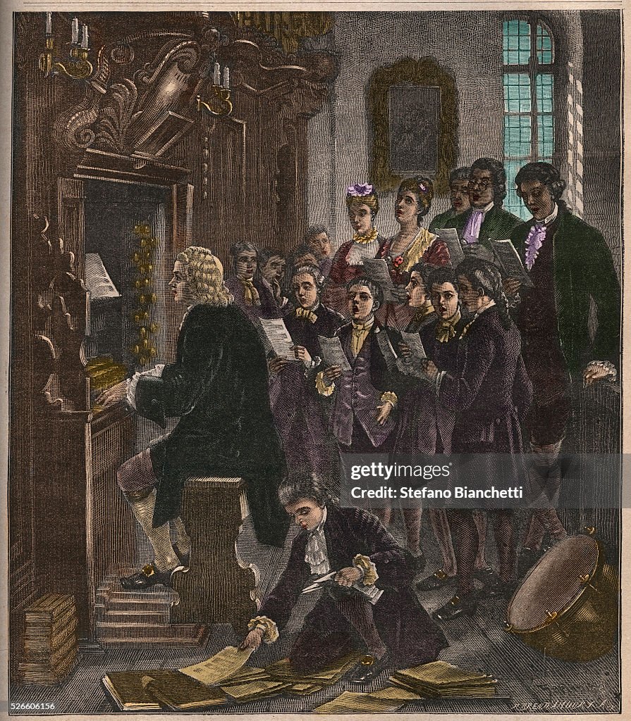 Johann Sebastian Bach playing the organ at the St. Thomas School