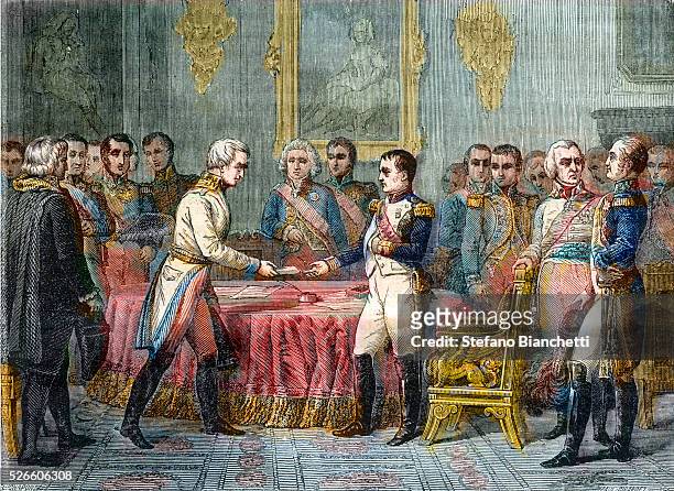 Assembly of Princes in Erfurt on 27 September 1808 (Napoleon receives emissaries of the Austrian emperor, Baron Vincent - Right: Tsar Alexander and...