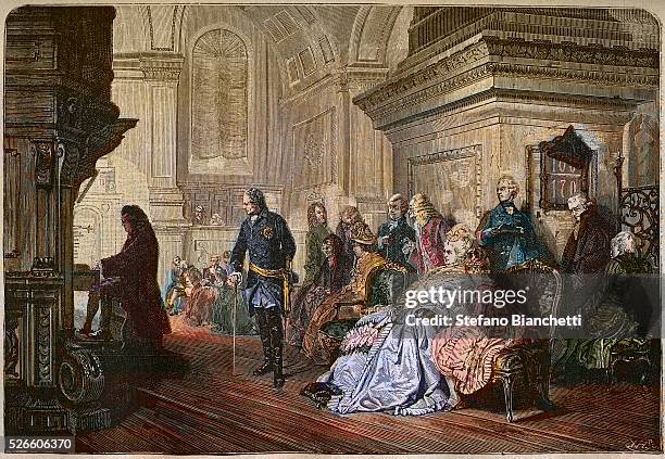 Frederick II the Great King of Prussia listening to Johann Sebastian Bach at the organ, Sanssouci after painting by Hermann Kaulbach, 1876 -...