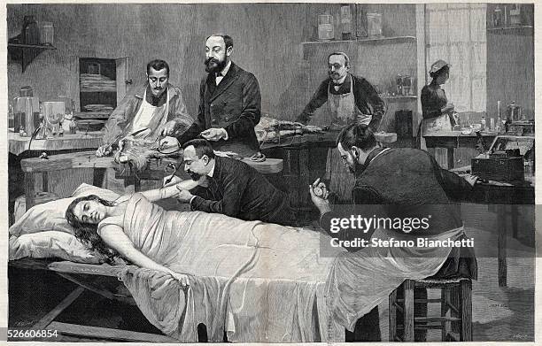 Patient receiving a blood transfusion from a goat, 1892 - engraving after the painting of Jules Adler 1892