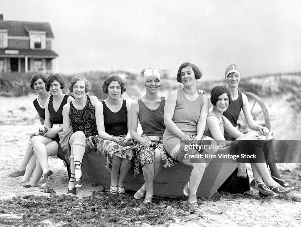 Young women in bathing suits on a Massachusetts beach, ca. 1925.