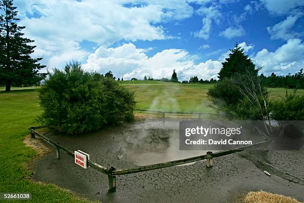 Hot spring bubble beside holes on the Rotorua Golf Club 9 hole Thermal Course, on January 11 in Rotorua, New Zealand.