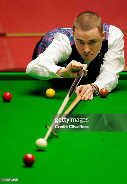 Stephen Hendry in action during his first round match against Neil Robertson at the Embassy World Snooker Finals at the Crucible Theatre on April 20,...