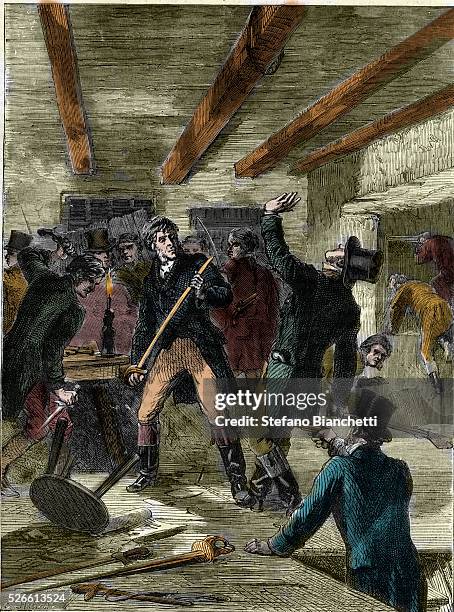 The arrest of the Cato Street conspirators - The Cato Street conspirators 1820 - Three Bow Street officers have entered the loft above the stable;...