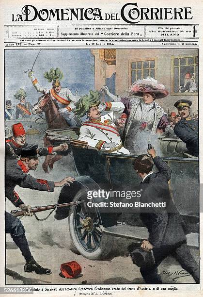 Assassination of Franz Ferdinand, 1863-1914 Archduke of Austria, and his wife Sophie, in Sarajevo, Bosnia, 28 June 1914, from La Domenica del...