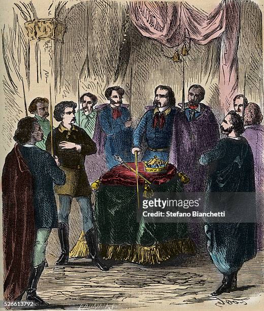 Reception of an Illuminatus - engraving from "Histoire des societes secretes, politiques et religieuses" of Pierre Zaccone