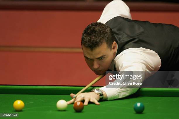 Quinten Hann in action during his first round match against Peter Ebdon at the Embassy World Snooker Finals at the Crucible Theatre on April 20, 2005...