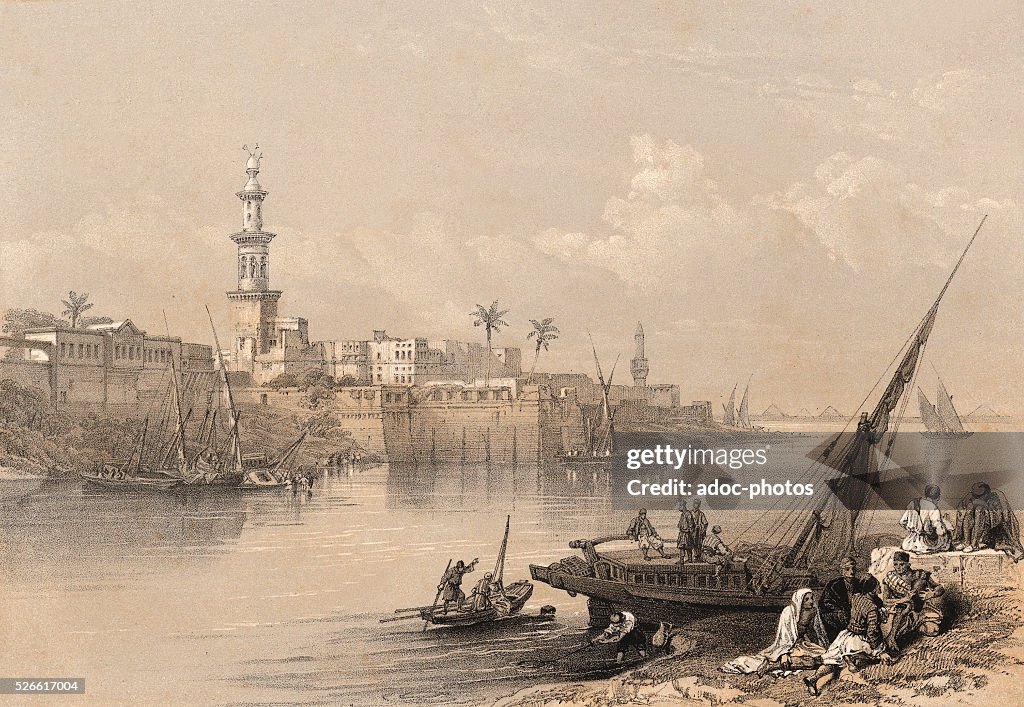 View of the Nile, isle of Rhoda, and ferry of Gheezeh (Egypt). Ca 1845