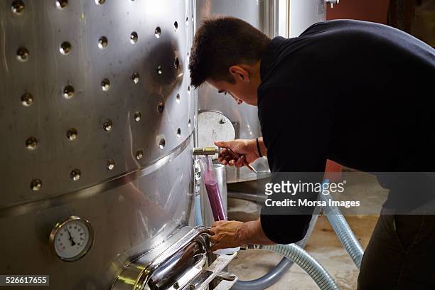wine expert taking red wine samples - fermenting tank stock pictures, royalty-free photos & images