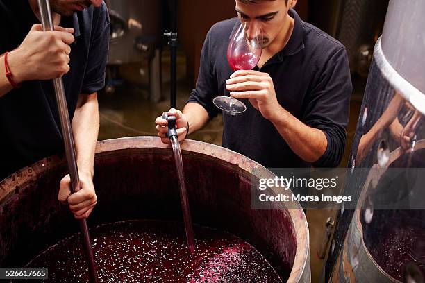 Wine expert tastes the wine before closing barrels